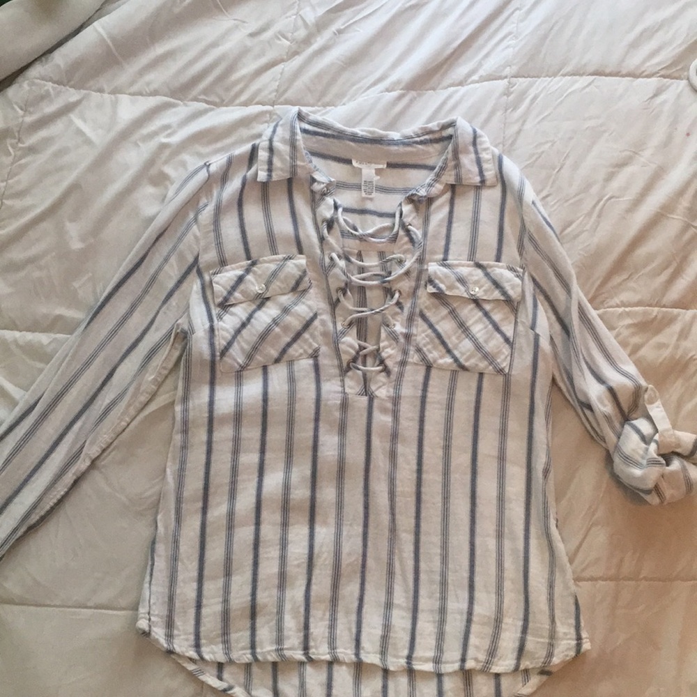 Lace Up Front Striped Blouse L